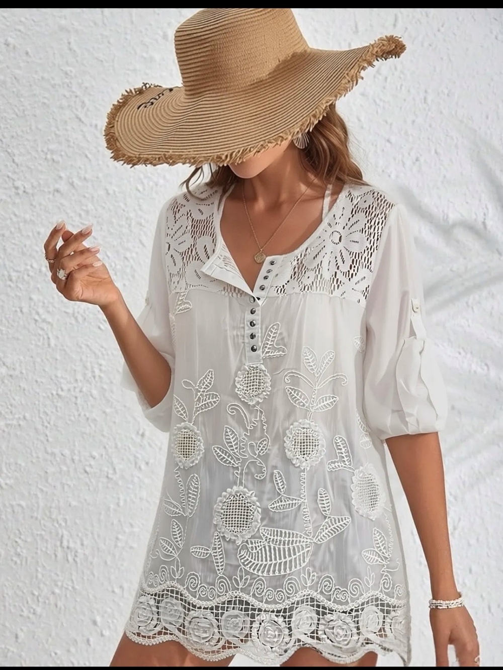 MADE IN ITALY 🇮🇹 White Lace Embroidered Boho Tunic Top